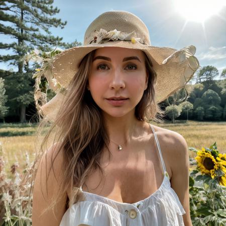 RAW photo of  virag, Confidently wearing a Floral sundress and wide-brimmed hat in a sunlit meadow, (high detailed skin:1.2), 8k uhd, dslr, soft lighting, high quality, film grain, Fujifilm XT3,  <lyco:virag:1.0>