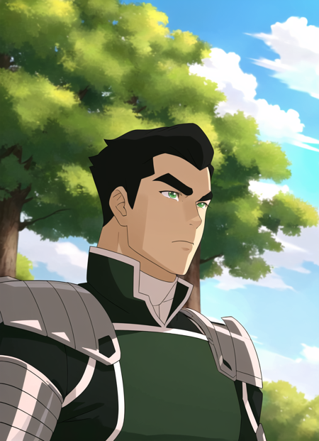 the legend of korra, masterpiece, best quality, 1boy, male focus, solo, green eyes, black hair, muscular, round nose, day, thick eyebrows, outdoors, nature, sky, forest, armor, upper body, short hair, cloud <lora:the_legend_of_korra_offset:1>