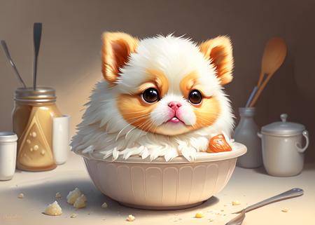 ("digital painting of delicious mashed potatoes","digital painting of an adorable light fur puppy").blend(0.92,0.5)