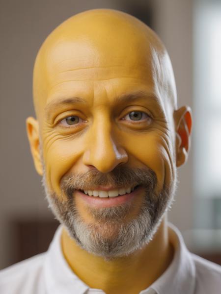 cinematic photo bald man,yellow painted skin and head,male focus,beard,close up on face,funny smile,white shirt,40 y.o, Homer Simpson character, . 35mm photograph, film, bokeh, professional, 4k, highly detailed