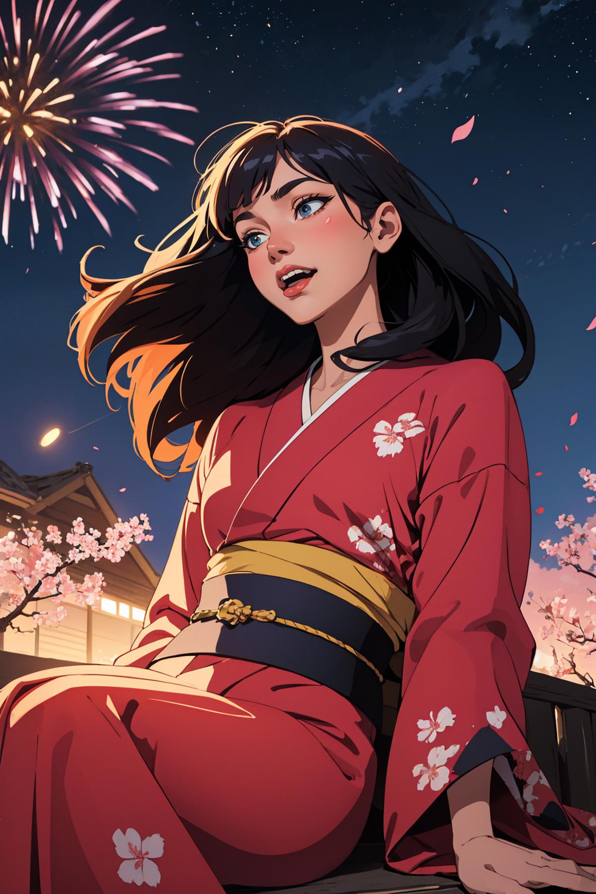 Anime-style image of a woman with long black hair wearing a red kimono.
