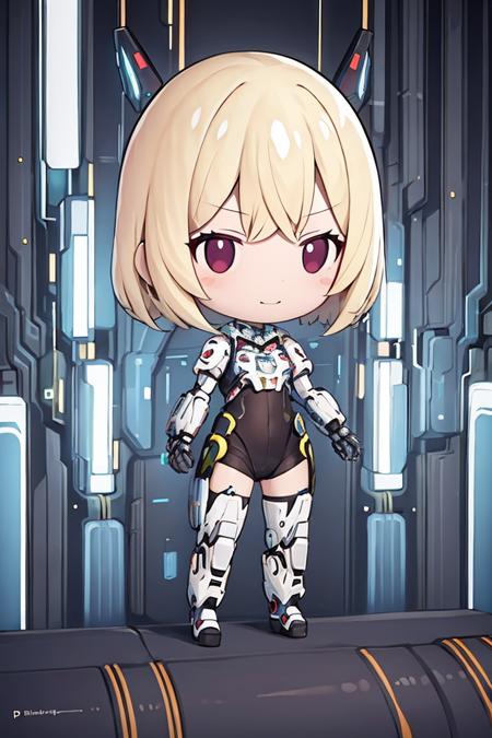 masterpiece, best quality, 1 girl,short hair, chibi, (Original illustration composition), (Maximalism artstyle,Geometric artstyle),(Glitzy Cyberpunk background ),(Science fiction mechanical theme),