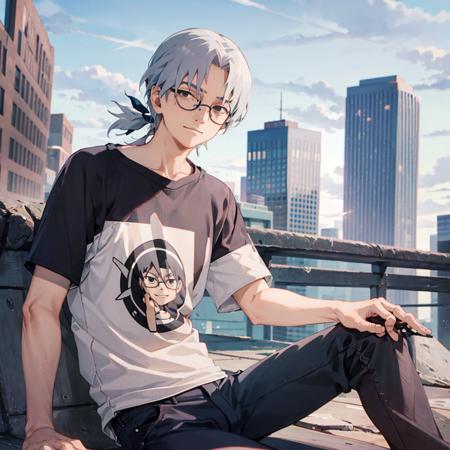 Yakushi_Kabuto, 1boy, knee up, graphic t shirt, jeans, expressionless, city background, black empty eyes, round black glasses