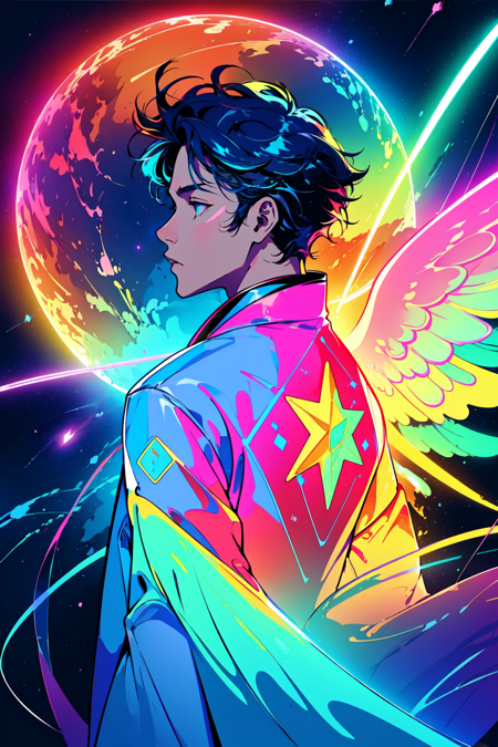 Neon Dreams, (masterpiece, best quality, ultra-detailed, highres, best illustration,neon rim lighting, neon back lights),official art, epic, illustration, render, welcoming, see-through gossamer, lustrous skin,(bloom), (shine),solo, wings, star \(sky\), profile, 1boy, blue hair, holding, angel, male focus, from side, long sleeves, sky, artist name, robe, starry sky, neon theme, neon futurism,city background  <lora:Neon_Dreams:0.8>