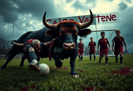 A suspenseful and unsettling soccer field scene under a dark, stormy sky. The overgrown green grass is stained with patches of blood. In the foreground, a massive, menacing burgundy bull with glowing red eyes charges forward, its breath visible in the cold air. The soccer players, dressed in burgundy vests, look like they’re straight out of a Quentin Tarantino film—intense, gritty, and a bit unhinged. Their faces show a mix of fear and defiance, with blood splattered across their clothes and faces. The soccer goal in the background is twisted and broken, as if caught in a violent struggle. Looming above it all is a large sign with the words ‘Cairo Vattene,’ scrawled in dripping blood-red letters. The scene is bathed in moody, high-contrast lighting with deep shadows, capturing a sense of impending violence and chaos, reminiscent of a Tarantino movie’s iconic, edgy style