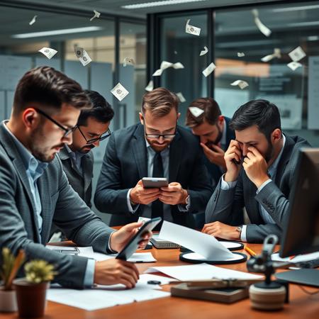 5 mans in office looking in their phones and calculating their money, hard thinking , around them are flying a mathematic formulas and numbers