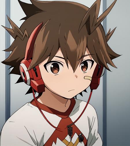 TodorokiKakeruPerson,brown hair,brown eyes,spiked hair,headphones,hair between eyes,ahoge,bandaid on face,bandaid,