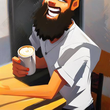 A portrait of a man reaching for a cup of coffee with a silly smile on his face sda768