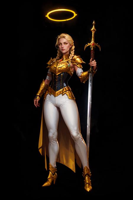 paladin lady holding glowing sword, blonde hair, braid, ornate golden armor, white pants, ornate pauldrons, black corset, glowing yellow eyes, red cape, glowin halo, full body <lora:sxz-concept:0.7>