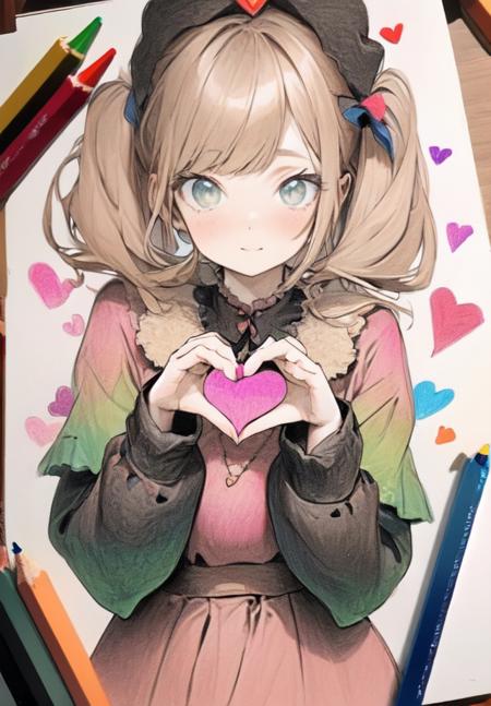 (masterpiece, best quality),1 girl,(heart shaped hands:1.1),(color pencil:1.2)