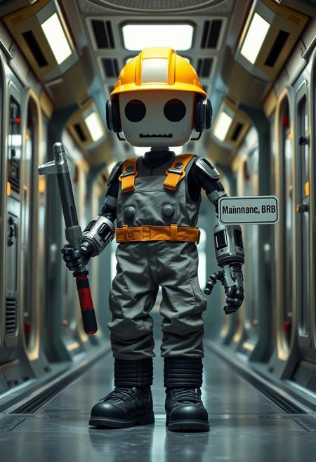 Photo of a maintenance robot, (wearing a yellow hardhat, grey janitor overalls, black work boots), holding a large screwdriver, (a sign displaying the word "Maintenance, BRB" is visible), in a spaceship corridor, comedic atmosphere, the android has a cyborg face with a  world-weary expression, Cinematic lighting, 8k, ultra realistic, hyper detailed, sci-fi, highlights, RAW, realistic, photo, best quality, (dramatic lighting), (sharp focus, intricate), Style-DoF