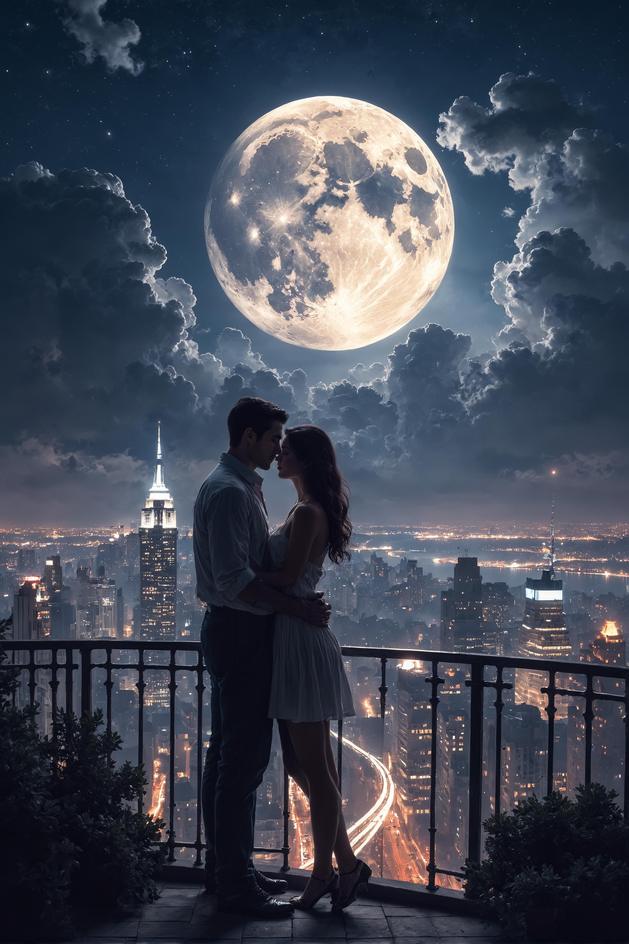 A couple sharing an intimate moment under the moonlight, standing on a balcony overlooking a bustling city. <lora:FredFraiStyle-FLUX-Share>