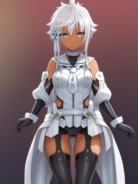 <lora:Kohagura_Natsume-10:0.8>,masterpiece, distinct, high_quality, highres, super_detail, finely_detailed, intricate_details,Kohagura_Natsume, 1girl, solo,short hair, blue eyes,hair ornament, thighhighs, gloves,bare shoulders,white hair, sidelocks, boots, elbow gloves, dark skin, leotard, dark-skinned female, thigh boots, short hair with long locks,