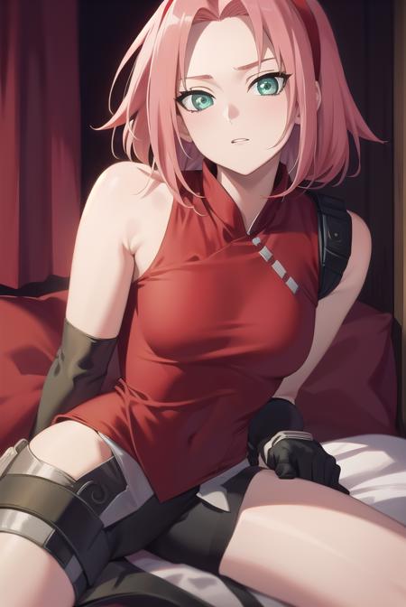 sakuraharuno, <lora:sakuraharunotest-000010:1>, sakura haruno, (green eyes:1.5), hairband, short hair, pink hair, (small breast:1.2),
BREAK bare shoulders, black gloves, forehead protector, gloves, konohagakure symbol, ninja, (red shirt:1.5), shirt, sleeveless, sleeveless shirt,
BREAK looking at viewer,
BREAK indoors, bed,
BREAK <lora:GoodHands-vanilla:1>, (masterpiece:1.2), best quality, high resolution, unity 8k wallpaper, (illustration:0.8), (beautiful detailed eyes:1.6), extremely detailed face, perfect lighting, extremely detailed CG, (perfect hands, perfect anatomy),