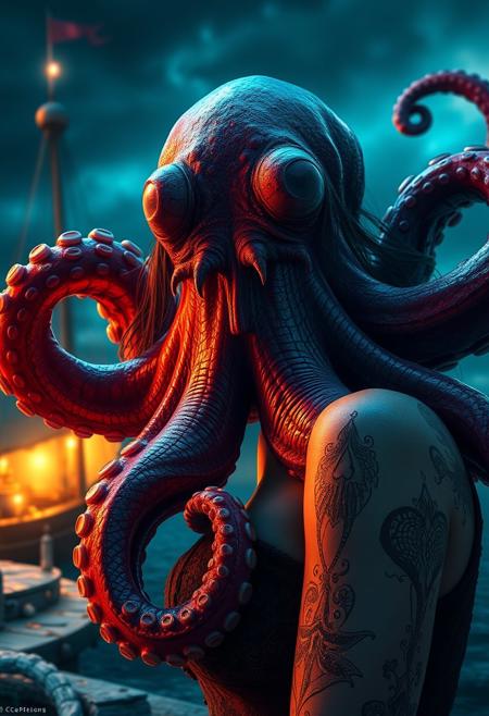 Eldritch horror octopus woman looking at camera,, kraken, photorealistic, colorful, seaside, ship, dramatic lighting,