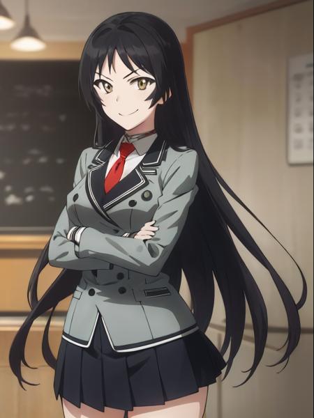 (exceptional, best aesthetic, new, newest, best quality, masterpiece, extremely detailed), 1girl, solo, kajouayame, hair_down_ka, evil_smile, looking_at_viewer, tokioka_academy_uniform, crossed_arms, indoors, miniskirt