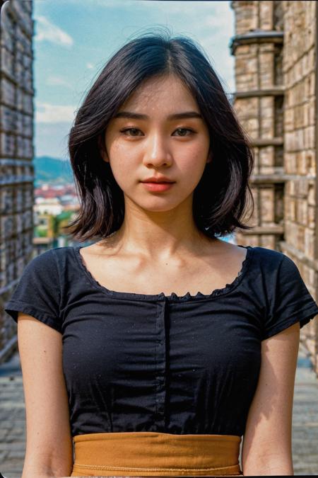 analog film photo solo, realistic, ((indonesian woman)), (((black hair))), (((__
WILDCARDSFace_v10/faceExpressions__:1.2))), (((Classy pleated skirts))), ((castle, imposing fortress, medieval architecture, historic)), ((dynamic pose)), high detailed, 8k, clear facial features, <lora:ReaLora:.2> skin <lora:[ID]_-_Catherine_Alicia:1> catheez <lora:GStyle_-_Photography_Style:.4> gstyle <lora:LORA-XenoDetailer-v2:.2> <lora:LCM_SD15:1> . faded film, desaturated, 35mm photo, grainy, vignette, vintage, Kodachrome, Lomography, stained, highly detailed, found footage