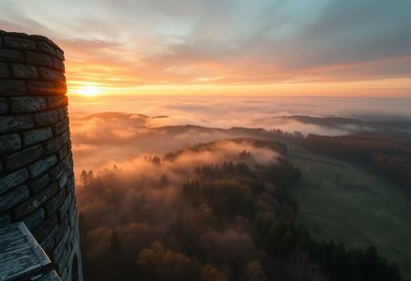 mist, a wide vista, forests and vast open grasslands, medieval, D&D, real photo, 4k, high contrast, vibrant colours, movie still, sunset, rich colours, view from the top of a stone watchtower looking out