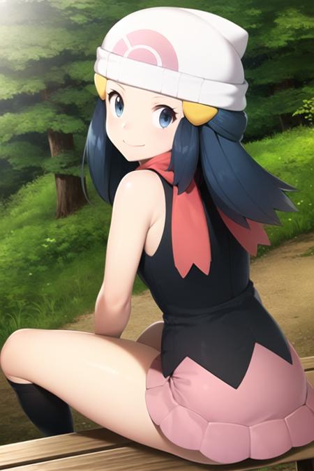 <lora:character_pokemon_dawn_v7:1> dawn \(pokemon\), forest, 1girl, solo, sitting, on bench, legs together, hands on own thighs, feet out of frame, from behind, (from above:1.2), from side, looking back, looking at viewer, blue eyes, blue hair, smile, closed mouth, beanie, hairclip, sleeveless shirt, skirt, kneehighs, scarf,