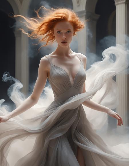 body shot of a ginger, 20 years old showing lots of skin, (highly detailed masterpiece Realistic extremely hyper aesthetic) Digital Watercolor Style, Ethereal fluidity painting art style of uses fluid and flowing brushstrokes, creates a sense of movement and lightness, dynamic and abstract composition, professional-grade execution, captures the beauty of fluid dynamics, evokes a sense of calm and serenity, The Cinderveil envisioned in a Fashion illustration style, where ghostly nobles dressed in gowns of ashen silk waltz through an abandoned ballroom, their faces obscured by masks carved from obsidian. Their garments trail into smoke-like tendrils, dissolving at the edges as if caught between worlds. The high-contrast, elegant linework and sweeping forms lend the scene a spectral grandeur, where beauty and transience exist in perfect tension.