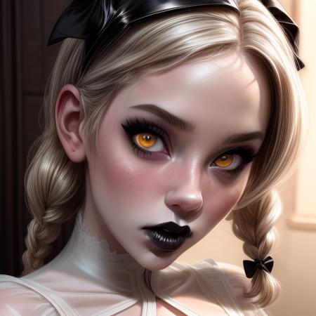 European girl: 1.1, pale white skin, black lipstick, yellow eyes, extremely detailed face,short braided hair