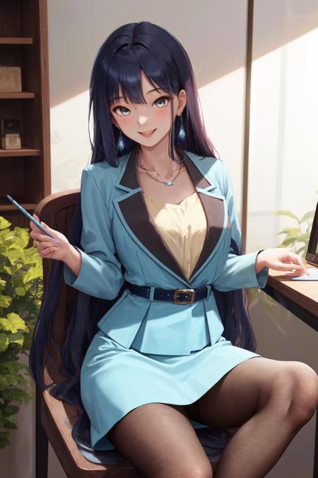 1girl ayano yuugiri earrings necklace blue jacket shirt belt blue skirt pencil skirt black pantyhose earrings necklace
