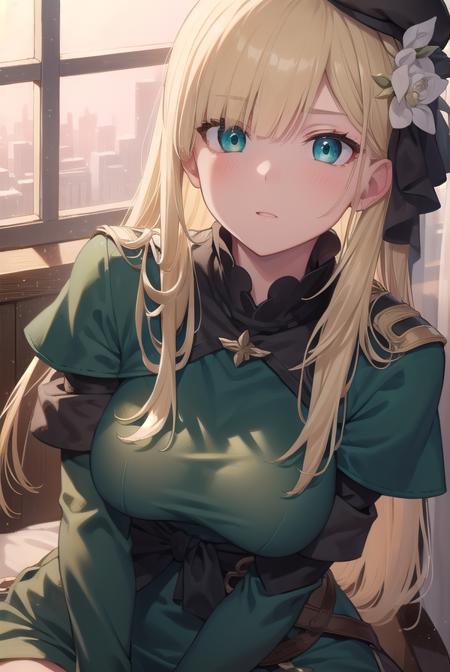 fgoreines, <lyco:reines-lyco-nochekaiser:1>,
reines, blonde hair, (green eyes:1.5), long hair, bangs, blunt bangs, (small breast:1.2),
BREAK beret, black headwear, black ribbon, blue dress, brown gloves, dress, flower, fur collar, fur trim, fur-trimmed sleeves, gloves, hair flower, hair ornament, hair ribbon, hat, long sleeves, ribbon, rose, tilted headwear, white flower, white rose,
BREAK looking at viewer,
BREAK indoors,
BREAK <lyco:GoodHands-beta2:1>, (masterpiece:1.2), best quality, high resolution, unity 8k wallpaper, (illustration:0.8), (beautiful detailed eyes:1.6), extremely detailed face, perfect lighting, extremely detailed CG, (perfect hands, perfect anatomy),