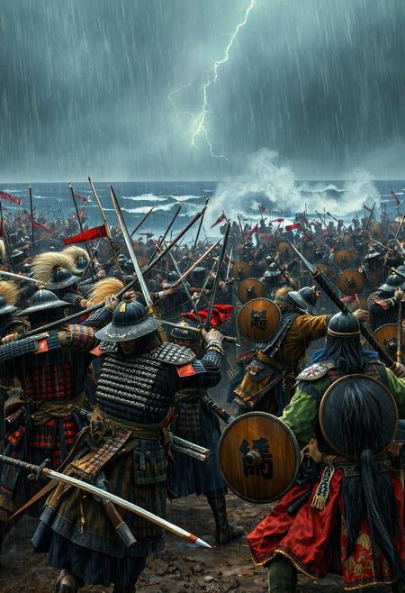 A vivid, cinematic battle on a stormy coastal plain, showing adult Japanese samurai clashing with adult Mongolian warriors in a 13th-century conflict. Rain lashes the scene as warriors engage in intense combat, with ocean waves crashing and distant ranks fading into mist. The atmosphere is chaotic and richly detailed.
Japanese Samurai: Elite samurai, all mature warriors, wield katana and naginata, blades gleaming. Ashigaru spearmen, also adults, form disciplined ranks with yari spears. Samurai wear o-yoroi armor: lacquered iron plates in crimson and black, tied with silk cords, paired with kabuto helmets featuring gold crests and protective menpo masks. Ashigaru wear simpler do-maru armor in muted greens. Tate shields display white clan mon. Weapons include tachi swords, tanto daggers, and yumi bows. Colors are crimson, black, and gold, with blue-white silk sashes billowing.
Mongolian Warriors: Adult Mongol horse archers fire composite bows, while infantry brandish curved sabers and maces. They wear lamellar armor of iron and leather in browns and blues, with conical helmets topped with horsehair plumes. Round shields bear red-black tribal patterns. Cavalry wear fur-lined vests and felt boots. Weapons include short spears and handaxes. Colors are brown, blue, and red, with embroidered saddlecloths.
Stormy skies and lightning highlight wet armor. Mud and battle scars add realism.