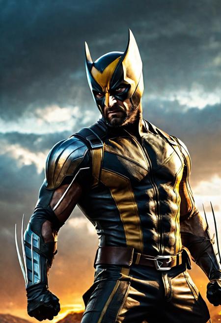 High resolution ultra-realistic of Beautiful Wolverine/Logan, cinematic lighting, Marvel style, Wolverine vs X-23 stand side by side in battle pose on a bloody and stormy battlefield, 8k, realistic modern Wolverine X-Men yellow and black combat costume, gazing straight ahead, dirty face, realistic brown eyes, full body, ultra realistic, cinematic style, athletic figure, day lighting, sharp focus, digital painting, Photograph Taken on Nikon D750, Alphonse Mucha, Hyperdetailed, hyperrealism, aesthetics reminiscent of X-Men, Attractive, asymmetric balance