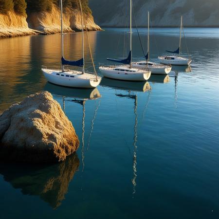 "Sailboats at Anchor" – A serene cove cradles a group of sailboats, their sleek hulls shining with a mirror-like reflection on the glassy water. Don Eddy’s mastery of reflective surfaces captures every nuance of light bouncing off the polished boats, while Ralph Goings encapsulates the stillness in the water, making it appear almost motionless. Roberto Bernardi’s intricate touch brings the play of light and shadow on the water’s surface into vivid focus, creating a breathtaking illusion of the sky being perfectly mirrored below, with every ripple and subtle change in the atmosphere meticulously detailed.
midjourneyv6.1, detailmaximizer, aidmaMJ6.1, flux-style