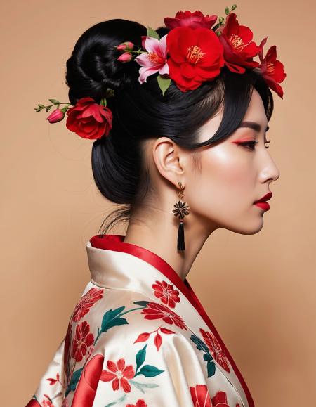 A digital illustration shoot from a profile camera angle about a beautiful asian woman with black hair adorned with red flowers, wearing a kimono with a floral pattern. the image also shows a delicate and intricate tattoo on her upper back. on the middle of the image, a 20 years old woman who appears to be looking to the side with a serene expression, her black hair styled in an updo with flowers and red earrings hanging from it. she has a slim body and fair skin, with red lipstick on her lips. her eyes are closed, and she is facing away from the viewer. her hair is styled in a double bun, and her hair color is black hair. her eye color is red eyeshadow and her face is adorned with a red flower in her hair. she is wearing a traditional japanese clothing, with a white and black kimonos featuring floral patterns. the background is a plain beige color, and the image has a soft, painterly style.