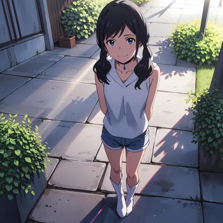 <lora:Amano_Hina:0.65>,amano_hina, 1 girl, solo,(smile),(standing),(full body),(arms behind back:1.3),twin tails, long black hair, blue eyes,white sleeveless jacket,denim shorts, bare shoulders,white boots,outdoors,(light rays:1.2),(sun:1.2),(blue sky:1.1), park,flowers,lawn,trees, (from below:1.1),