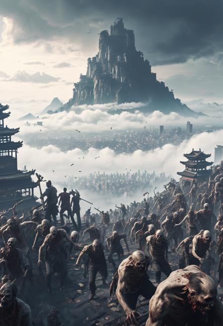 There is a large group of zombies climbing the( Zijing City:1.2) above the clouds,
falling zombies,(fog:1.2),cloud,(apocalypse:1.2),
8K Ultra HD,high detailed,intricate,elegant,highly detailed,artstation,concept art,smooth,sharp focus,illustration,high quality,