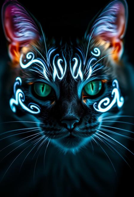 In a mesmerizing, hyper-realistic image, a cat's face is rendered in exquisite detail, with glow-in-the-dark face paint applied in a intricate, swirling pattern. The paint glows with an intense, ethereal light, illuminating the surrounding fur and casting an otherworldly glow on the cat's whiskers and nose. The cat's eyes seem to gleam with a mischievous spark, as if it's aware of the magical aura surrounding its face. The glow-in-the-dark paint is rendered in precise, photorealistic detail, with subtle texture and shading that creates a sense of depth and dimensionality. The surrounding darkness is pitch black, making the glowing paint seem even more vibrant and intense, as if the cat's face is radiating an inner light. Highest-Quality, 4k, intricate details, visually stunning, Masterpiece
