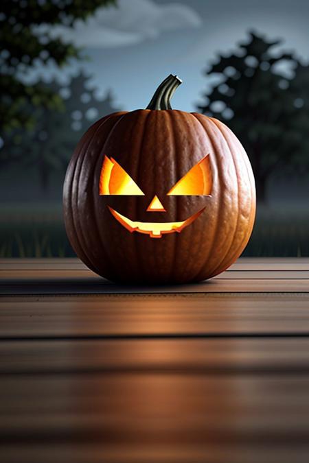 Close up of Halloween pumpkin on a wooden wet table in a dark rainy and misty forest at night. The trees are black. The full moon appears behind the dark clouds behind the trees and the blue moonlight blends in with the misty atmosphere. 8k render ensuring crisp and clear details with realistic shadows, reflections and vivid and vibrant colors. <lora:aidmaHyperrealism:0.5> aidmaHyperrealism, extremely high-resolution details, photographic, realism pushed to extreme, fine texture, incredibly lifelike, <lora:ImageUpgraderV2:0.5> detailmaximizer, easynegative, c4d, blender, raytracing, unreal engine 5, render 3d, OverallDetail