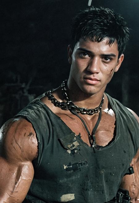 <lora:bodybuildingsex:0.65> bodybuildingsex,beefy muscle,massive pectoral.
BREAK,
analog film,
(Mad Max style:0.1), cinematic, (upper body), of a highly detailed, ((18 year old male)), young .wide jaw.seductive.sadistic smile.
mercenary, traumatized, short faded black hair, determined eyes, fair skin, Brazilian ethnicity, determined and unwilling to surrender,angry.
(wears a war-worn military t-shirt:1.4)
Wearing  baggy pants.belt,holster.necklace.details in clothes, gun, pistol,
inside a dark, poorly lit military barracks, at night, 
BREAK,
noise, high quality, cinematic lighting, contrast, dynamic, atmospheric shadows,
 <lora:add-detail-xl:0.65>  
 <lora:Handsome_young_male_models_face:0.2>