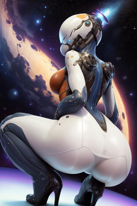 Nova,      leaning,  front view,  low angle, 
 cameltoe,  solo,  squatting,  skinny waist, 
fat ass,  blue and white tight bodysuit,  leather,
small space ships,  stars,  
(insanely detailed, , masterpiece, best quality)  <lora:Nova-10:0.7>