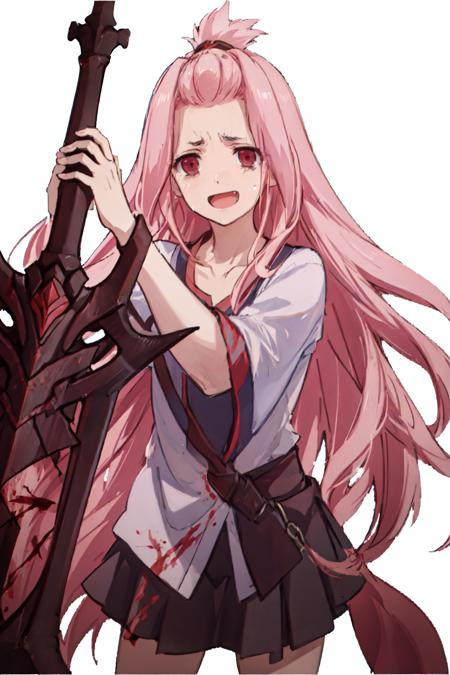 masterpiece,best quality,1girl, solo, long hair, looking at viewer,<lora:Coron-000035:0.6>, smile, open mouth, skirt, shirt, white background, holding, very long hair, white shirt, weapon, pink hair, short sleeves, :d, sword, tears, pink eyes, holding weapon, blood, holding sword, crying, crying with eyes open, simple background