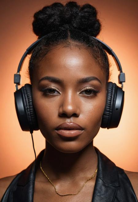 focused Black ebony afropunk woman with glowing LED wireless headphones on, portrait cover DJ magazine , Canon EOS C300 Mark III Digital Cinema Camera, Canon CN-E 20mm T1.5 L F Cinema Prime Lens, f/11, extremely handsome black woman, fashionmodel, extraordinary feminine full face + full lips, very detailed, cinematic, cinematic lighting, ultra detailed, exotic, vivid detail, beautiful soft lighting, life like, photorealism, studio lighting, age 25