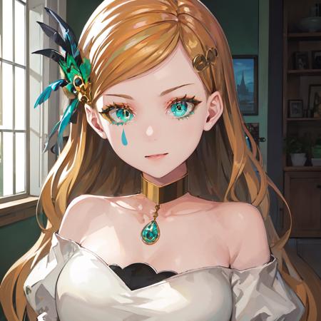 (masterpiece, best quality, high quality, highres:1.4), extremely detailed, detailed skin, textured skin, ambient soft lighting, 4K, indoors, 
1girl, solo,
smile, happy, portrait, close-up, face, 
Pavane, long hair, looking at viewer, blonde hair, large breasts, hair ornament, long sleeves, bare shoulders, very long hair, closed mouth, choker, off shoulder, white dress, aqua eyes, makeup, facial mark, off-shoulder dress, hair behind ear,  
<lora:pavane-07:1.0>