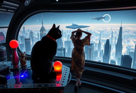 A sleek black cat with red collar sits on a cluttered metal riveted desk with transparent top and rgb led computer components visible inside, On the desk are a maneki neko statue and a lava lamp, the Black Cat is looking out of a seamless and futuristic floor to ceiling window that looks out at thousands of enormous wide and tall futuristic skyscrapers from a large window in a descending spaceship, (((a beautiful woman, 24 years old, is standing next to the cat looking at the city is stretching with arms behind her head, the view out the window is an enormous city at night composed of enormous buildings of varying futuristic art deco design, the city filled with buildings of many shapes and sizes, some over a mile tall))), the woman is dressed in an ornate Japanese style bath robe. An enormous deco starship with futuristic lighting and design is visible high above the city, and a space station is visible in the background among the stars, The woman's hair is messy from just waking up and tied up with a ribbon. Artistic cyberpunk, dynamic perspective, (((overall architectural aesthetic is Art Deco Cyberpunk))).  (((A large futuristic building shaped like a torii gate stands among the enormous tokyo structures,)))