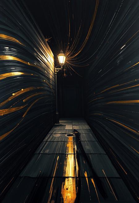 A hyper-stylistic, extremely detailed image depicts a breathtaking painting, crafted from a combination of smeared black and gold metallic paint. An empty sidewalk and a lone street light at night is captured in a streaked motion, as if it is moving rapidly in one direction. The black paint is applied in bold, dynamic strokes, creating a sense of energy and movement that is contrasted beautifully by the golden accents. The gold paint is used to highlight the sidewalk and street lights features, adding a sense of depth and dimensionality to the image. The overall effect is one of breathtaking, surreal dynamism, as if the viewer has captured a fleeting moment in time. Every detail of the image is meticulously crafted, from the delicate, swirling patterns of the gold paint to the intricate, textured patterns of the black paint. The contrasts between light and dark, color and texture, create a sense of tension and energy that draws the viewer in, inviting them to explore the kinetic world of the painting. highest-Quality, intricate details, visually stunning, Masterpiece