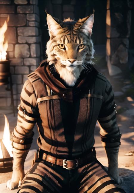 <lora:Khajiit-male:0.8>, khajiit-male, solo, sitting, campfire, night, (masterpiece, best quality, detailed:1.3), (ultra-high res, high details, absurdres:1.3)