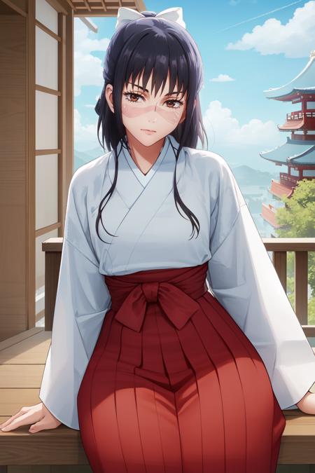 IoriCD1, 1girl, solo, long hair, solo, black hair, bow, japanese clothes, hair bow, miko, looking at viewer, cowboy shot, scar, skirt, hakama, red hakama, brown eyes, closed mouth, hakama skirt, scar on face, bangs, wide sleeves, cowboy shot, long sleeves, ribbon, sitting, girl sitting, sitting in, hair ribbon, ponytail, white bow, scar on nose, red skirt, half updo, outdoors, sky, clouds, day, buildings, pagoda, blue sky, bamboo, <lora:IoriCD1:0.8>
BREAK
masterpiece, best quality, highly detailed background, perfect lightingbest quality, ((shiny skin, glossy skin, detailed skin))