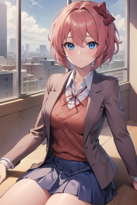 ddlcsayori, <lora:ddlcsayoritest:1>,
ddlcsayori, blue eyes, hair between eyes, hair bow, hair ornament, pink hair, red bow, short hair,
BREAK blue skirt, pleated skirt, school uniform, skirt, brown jacket, jacket,
BREAK looking at viewer,
BREAK indoors, classroom,
BREAK <lora:GoodHands-vanilla:1>, (masterpiece:1.2), best quality, high resolution, unity 8k wallpaper, (illustration:0.8), (beautiful detailed eyes:1.6), extremely detailed face, perfect lighting, extremely detailed CG, (perfect hands, perfect anatomy),