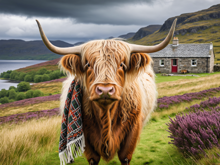((adrr-zrb)) masterpiece, best quality, closeup, animal face focus, one long haired (highland cow), covered in a blanket and scarf, ((adrr-zrb)), patterns, intricate weavings, rich colors, in front of a dynamic detailed landscape, one small old stone cottage, Scottish Highlands, green grass, fields full of heather, storm clouds, ultra-detailed <lora:Zarabi:1>