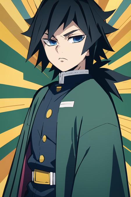 tomioka giyuu, demon slayer, 1boy, solo, upper body, blue background, emphasis lines, looking at viewer, long hair, blue eyes, black hair, standing, jacket, male focus, japanese clothes, black jacket, demon slayer uniform, <lora:Giyu_Tomioka:0.8>