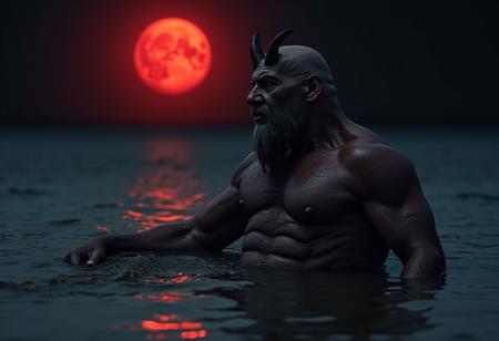 Solo, alone, Dark bara-manga, lighthearted beach movie scene at night, occult, ritual, demonic, red blood moon in background ,cinematic atmosphere, a very thin yet muscular bald german grandpa lying in the water is gently mutating into powerful hairy horned giant demon man with a thin waist, horns, horned, demon,long nails,hairy chest, gigantic neck, doublechin, old tanned bald super muscular athletic granddad morphing into giant, water dripping down old man's body, muscles swelling,powerup,closeup,shy, cute,,portrait shot closeup, stormy black sky,