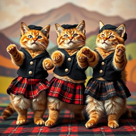 Create a funny video in which three cats dressed in traditional Scottish skirts and berets dance a Scottish dance. Seals can move to the beat of the music, performing characteristic movements such as jumping and twisting. The background should be colorful and atmospheric, perhaps featuring Scottish landscapes or patterns. Add some fun elements: cats can take a break from playing and suddenly start dancing again. The whole video should convey an atmosphere of joy and fun, with cute and funny moments that emphasize the charisma of each of the cats.