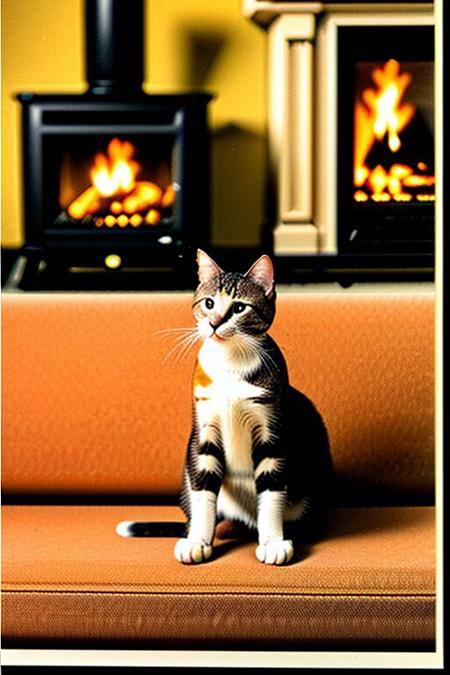 a cat smoking a cigar, sitting on black couch, fireplace,<lora:vhs:1>